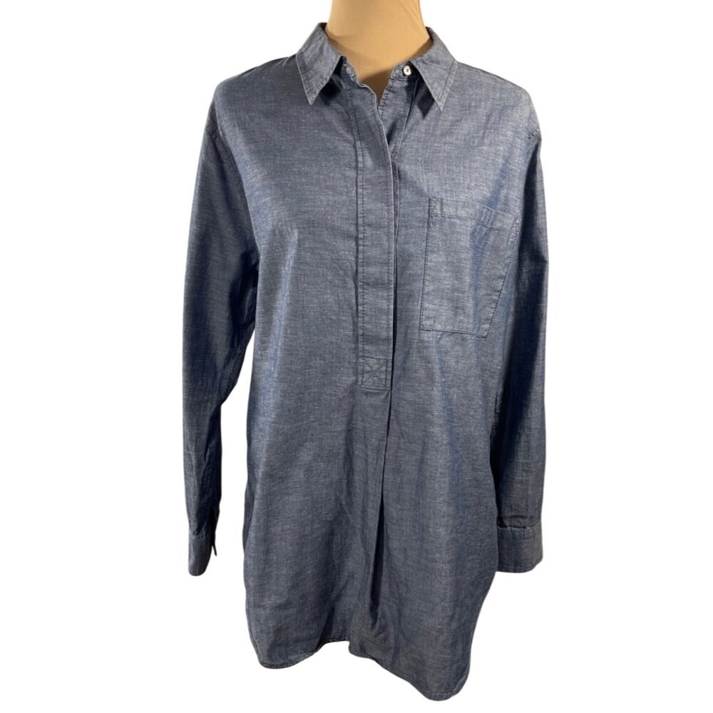 WHBM Popover Top Chambray Blue Size 12 Tunic top Long Sleeve Cotton